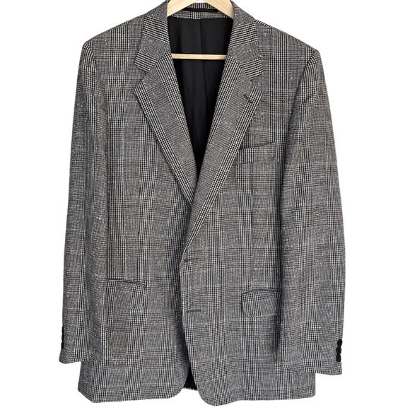 Vintage Jackets & Blazers - Wool Silk Blend Plaid Blazer Glen Check Black White Teal Boyfriend Fit Med